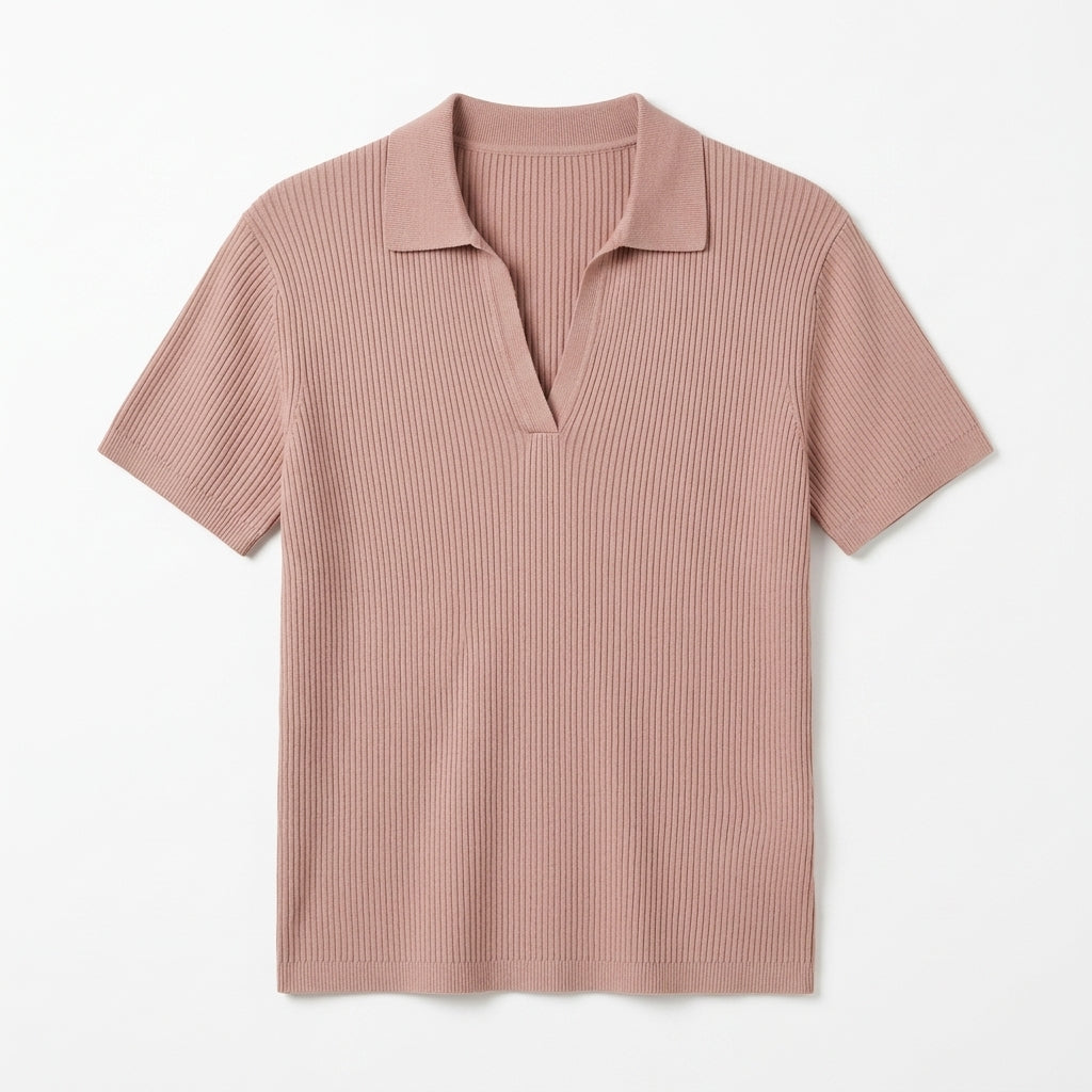 Qwecridj™ Studio Ribbed Knit Polo – Gender-Neutral Short-Sleeve Polo Shirt, Relaxed Knit Top, Quiet Luxury Essential