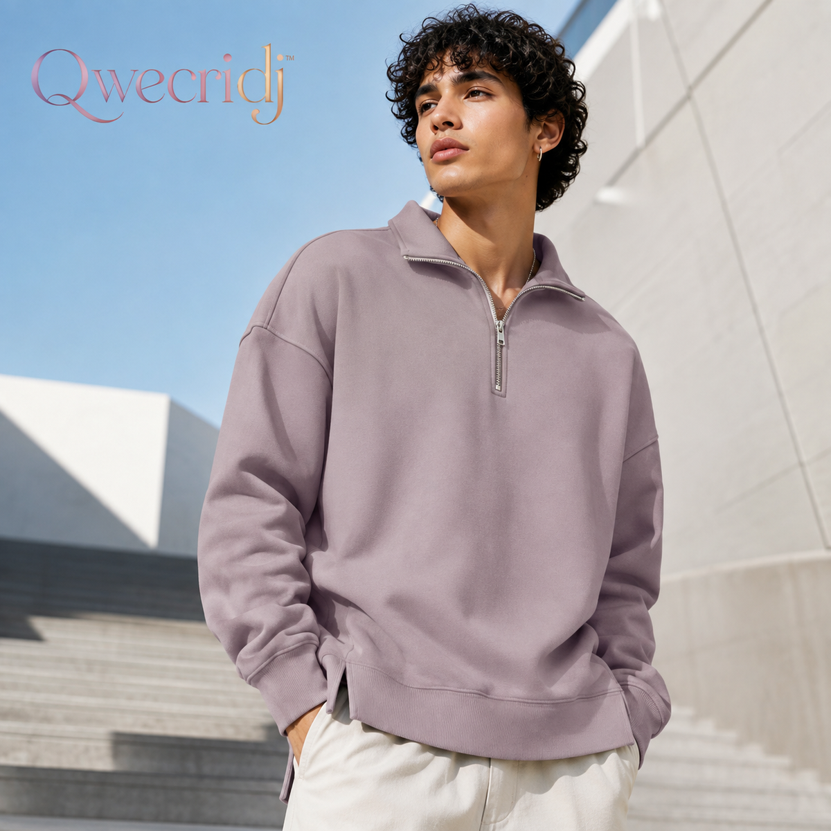 Qwecridj™ Convertible Zip-Collar Sweatshirt – Unisex Half-Zip Pullover, Oversized Mock-Neck Top, Modern Athleisure Layer