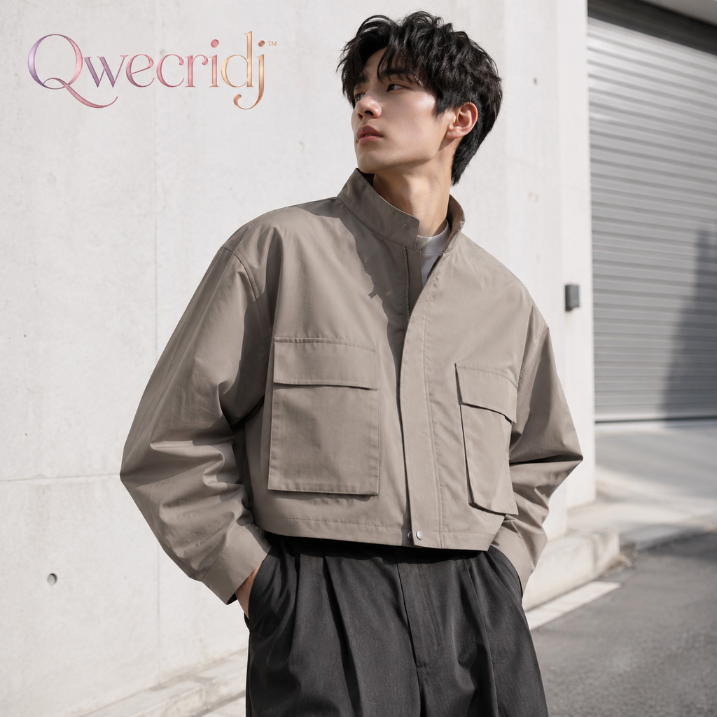 Qwecridj™ Cropped Utility Jacket – Unisex Boxy Zip Jacket, Lightweight Workwear Coat, Modern Minimal Outerwear
