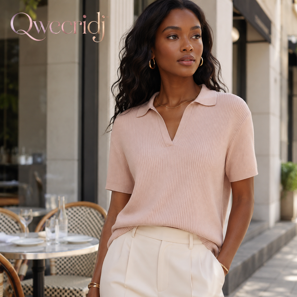 Qwecridj™ Studio Ribbed Knit Polo – Gender-Neutral Short-Sleeve Polo Shirt, Relaxed Knit Top, Quiet Luxury Essential